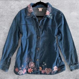 Toffee Apple Blue Denim Y2k Embroidered Floral Butterfly Button Up Jacket M